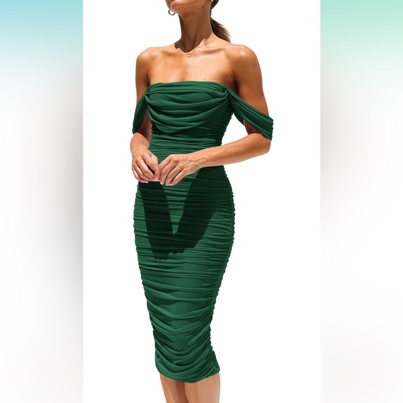 Amazon Women's Off The Shoulder Ruched Bodycon Sleeveless  Club Midi Dress - Picture 1 of 9